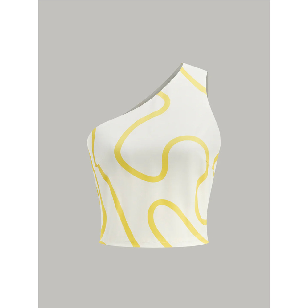 Commense Yellow One-Shoulder Abstract Print Skirt Set SZ L - Picture 2 of 3